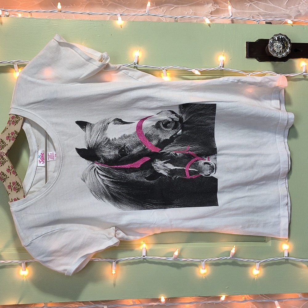Women's Justice Jrs. White Cotton Capsleeve Glitter Harness Horse T-shirt 👕 18